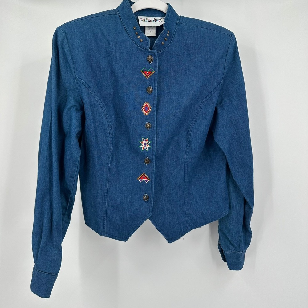 Womens Boho Southwestern Embroidered Denim Jacket Size 8 Western Cropped Vintage